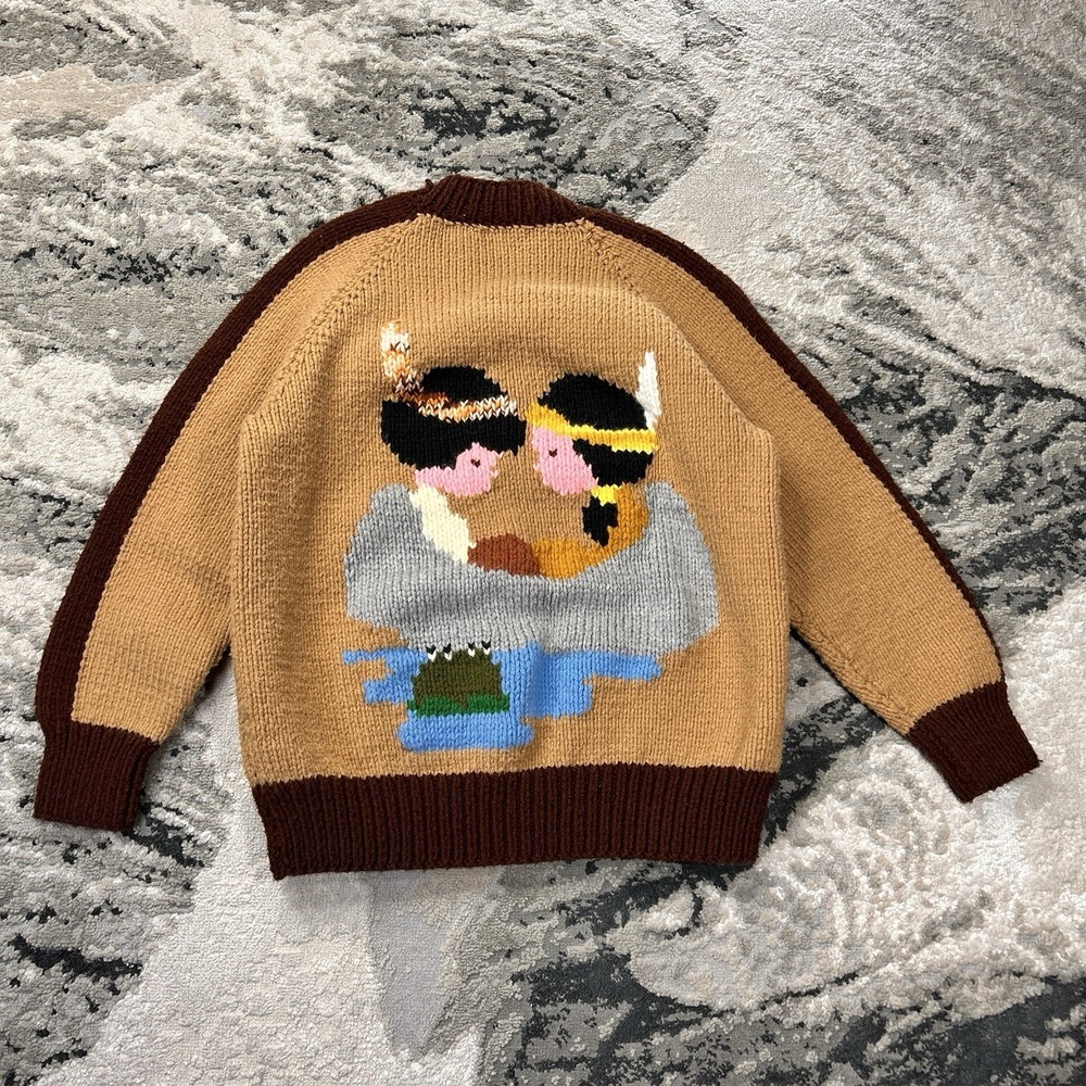 Vintage 50s Navajo Pattern Hand Knitted KANATA‎ Cowichan Sweater Brown Wool S/M